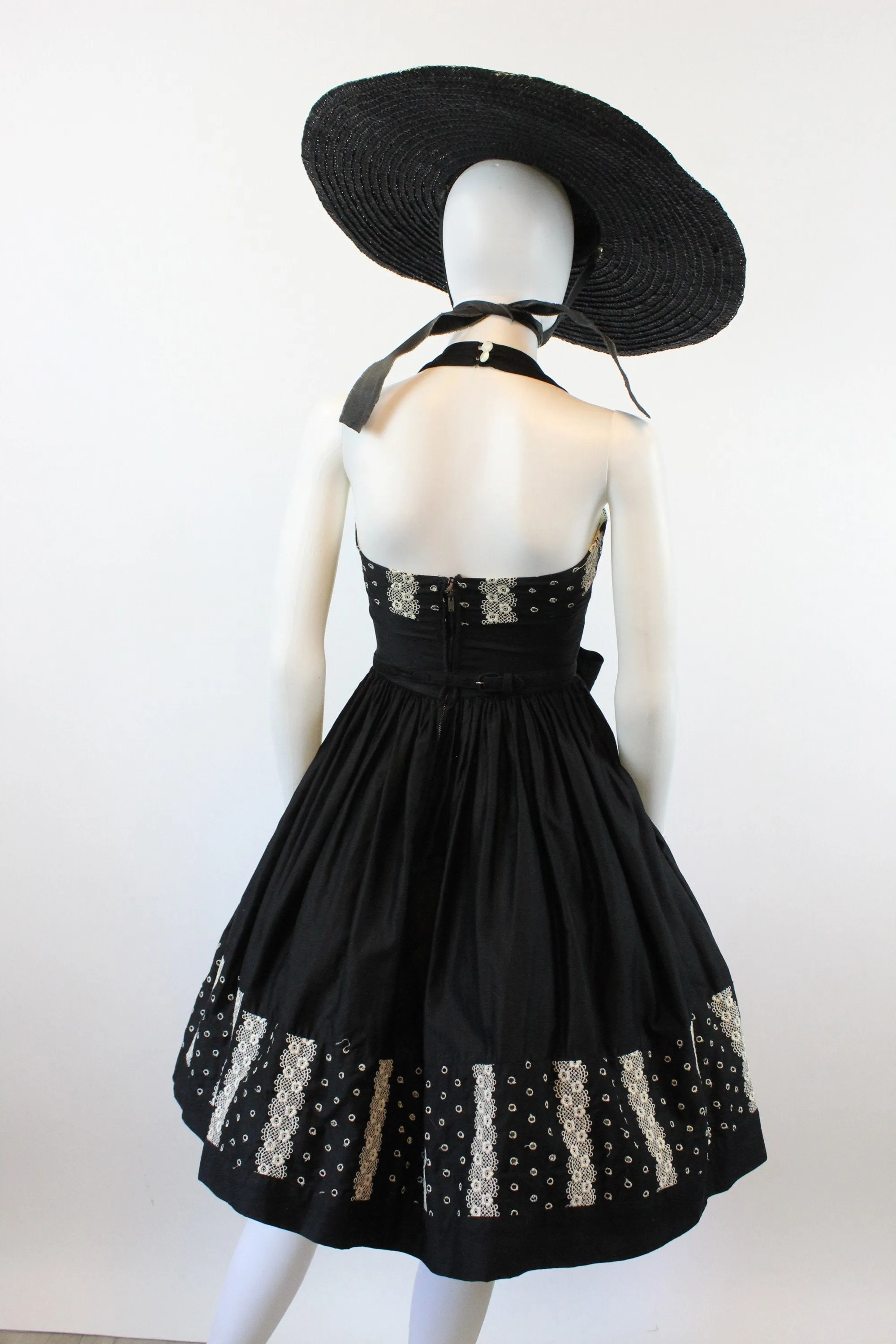 1950s Joan Barrie HALTER cotton dress EYELET xxs | new spring summer