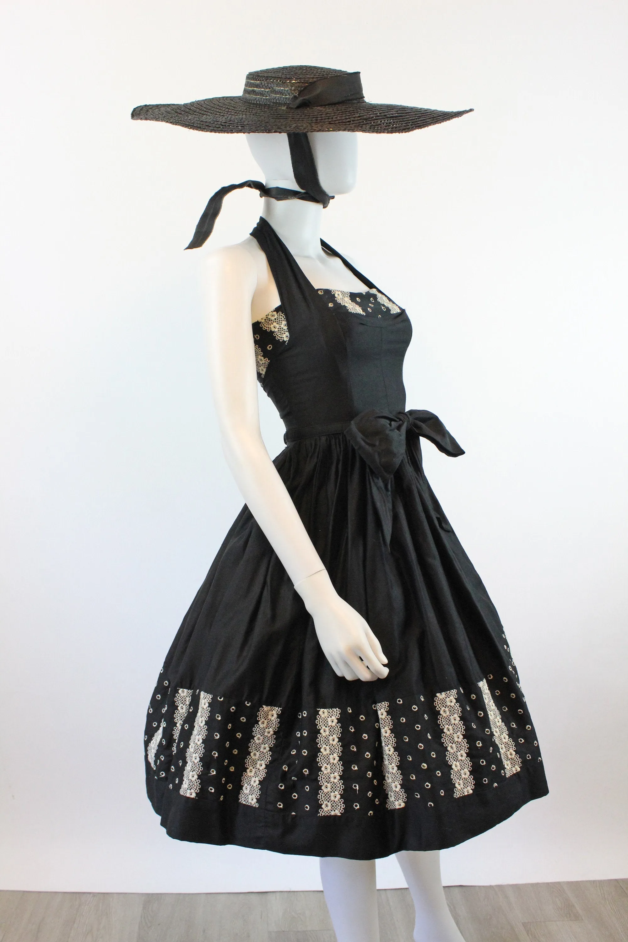 1950s Joan Barrie HALTER cotton dress EYELET xxs | new spring summer