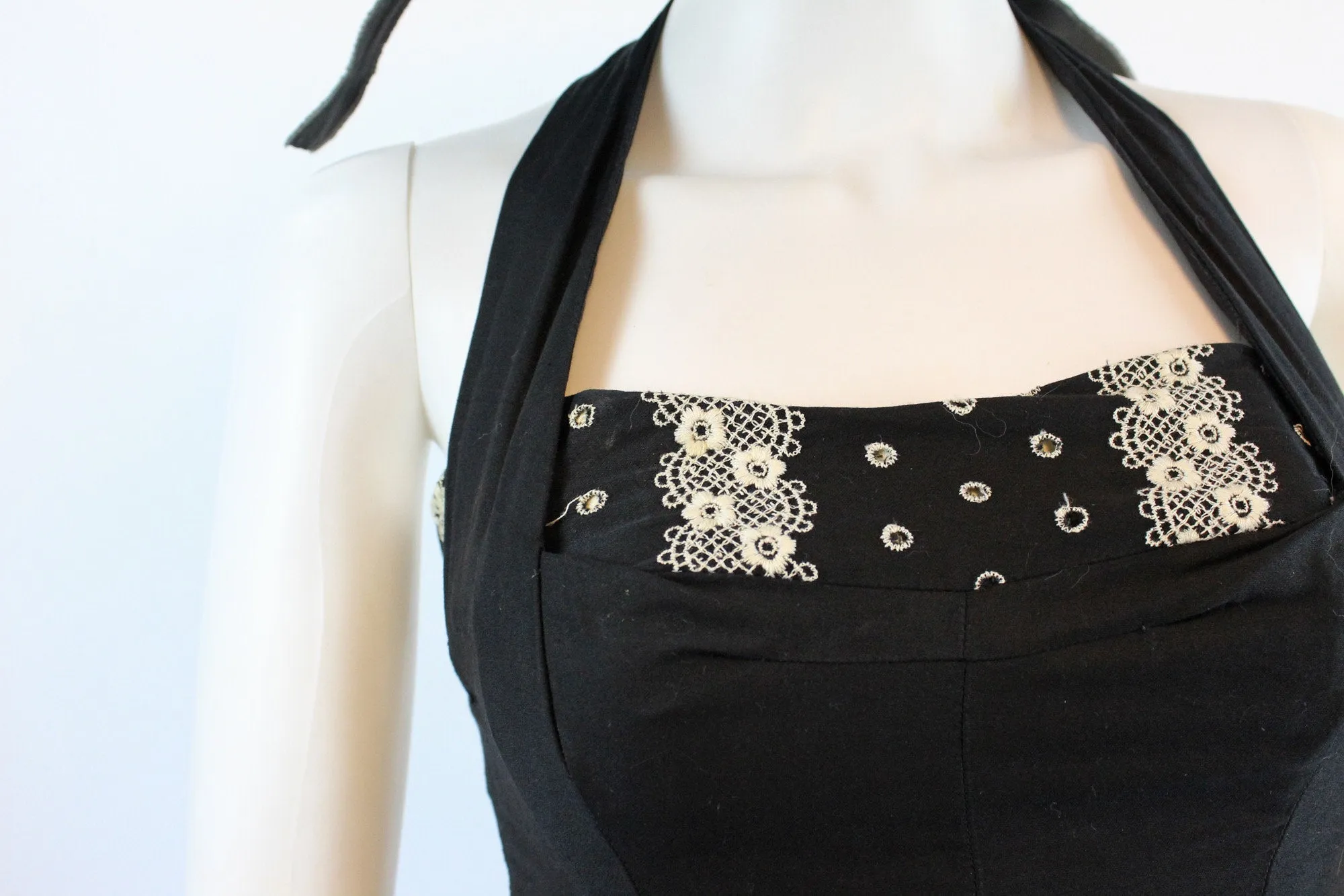 1950s Joan Barrie HALTER cotton dress EYELET xxs | new spring summer