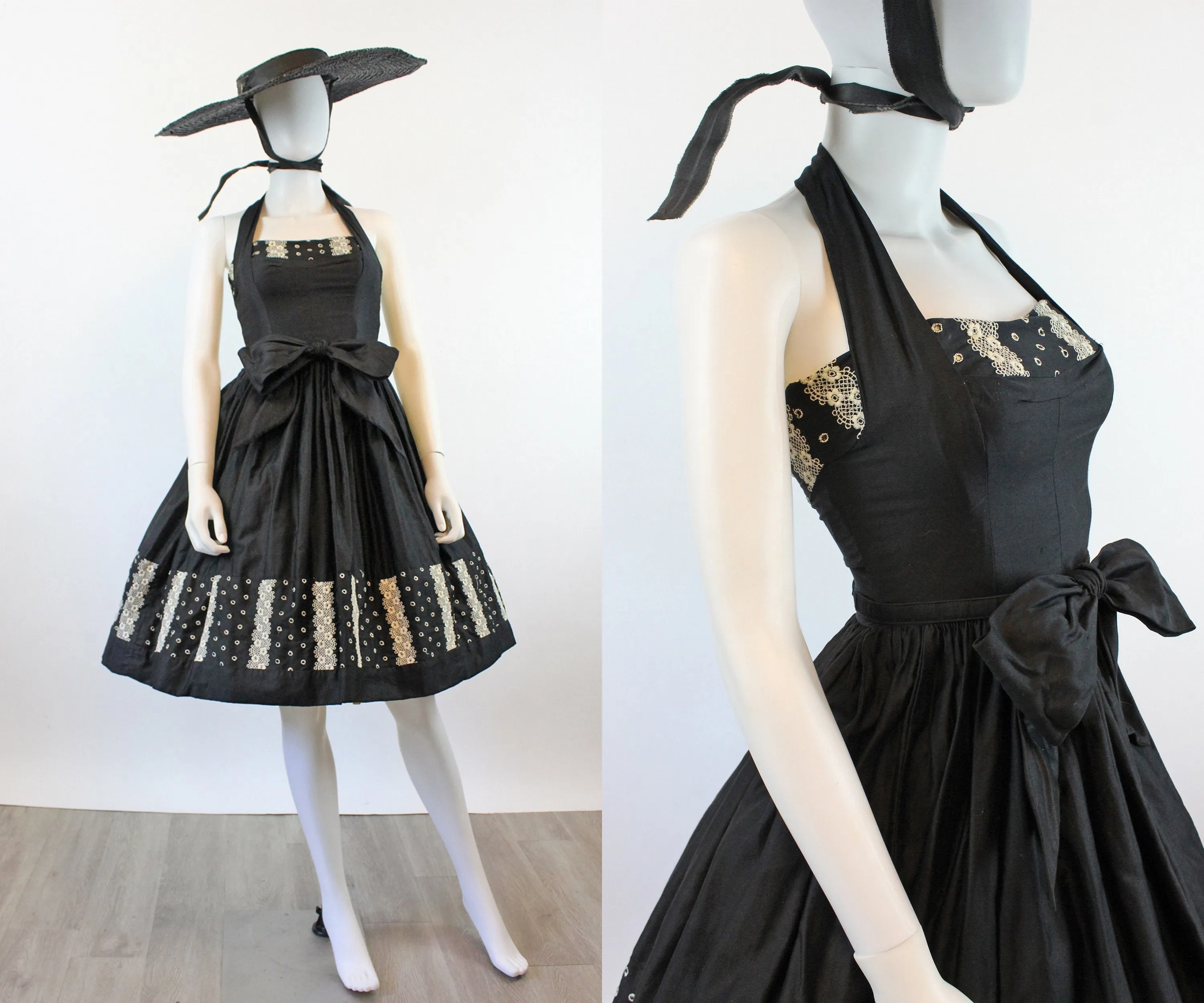1950s Joan Barrie HALTER cotton dress EYELET xxs | new spring summer