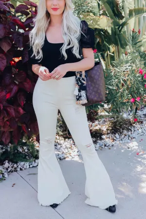 70's Twist Distressed Flare Jeans - Natural