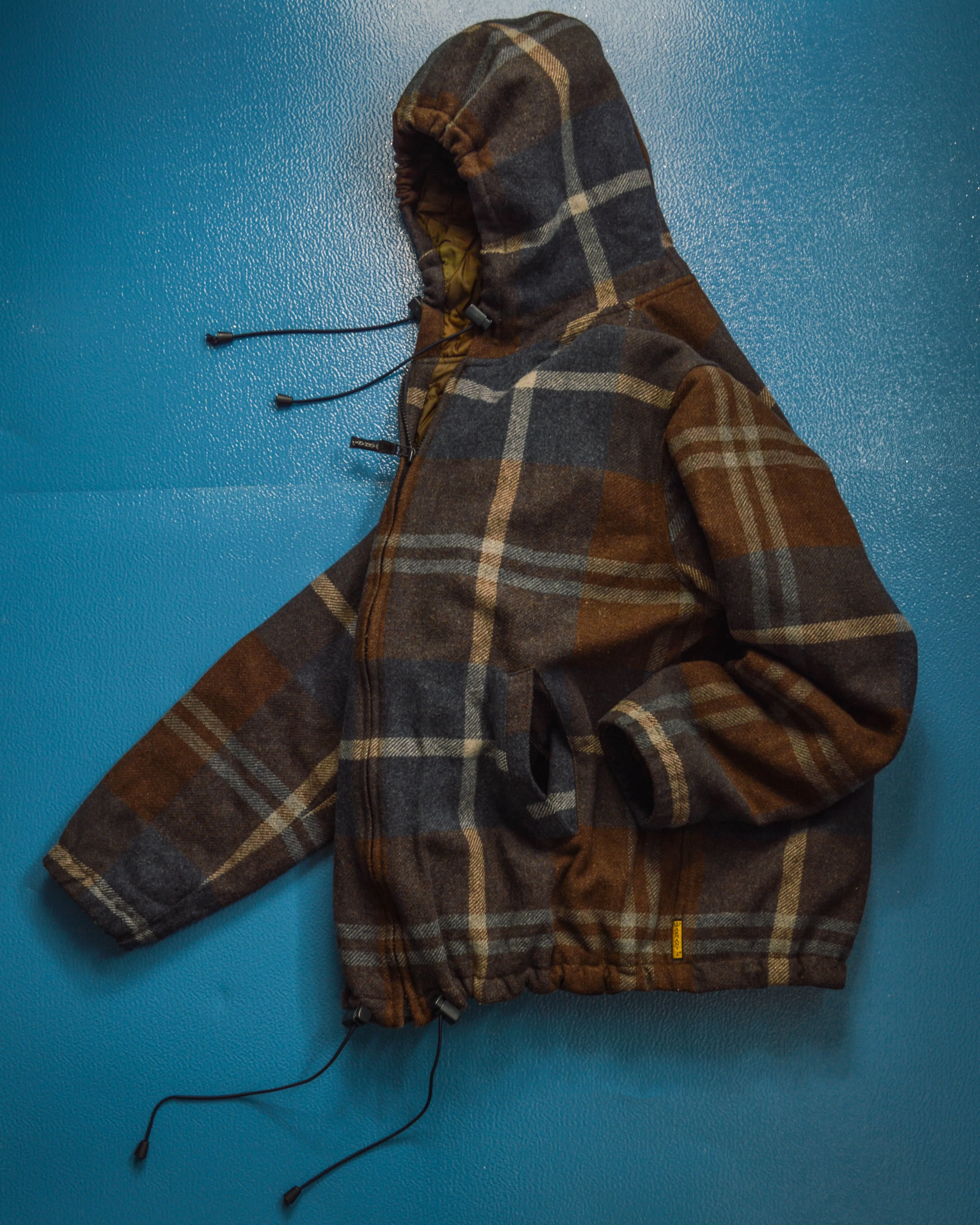 90s Wool/ Mohair Plaid Quilted Muted Burgundy / Navy Zip Up Jacket (M~L)