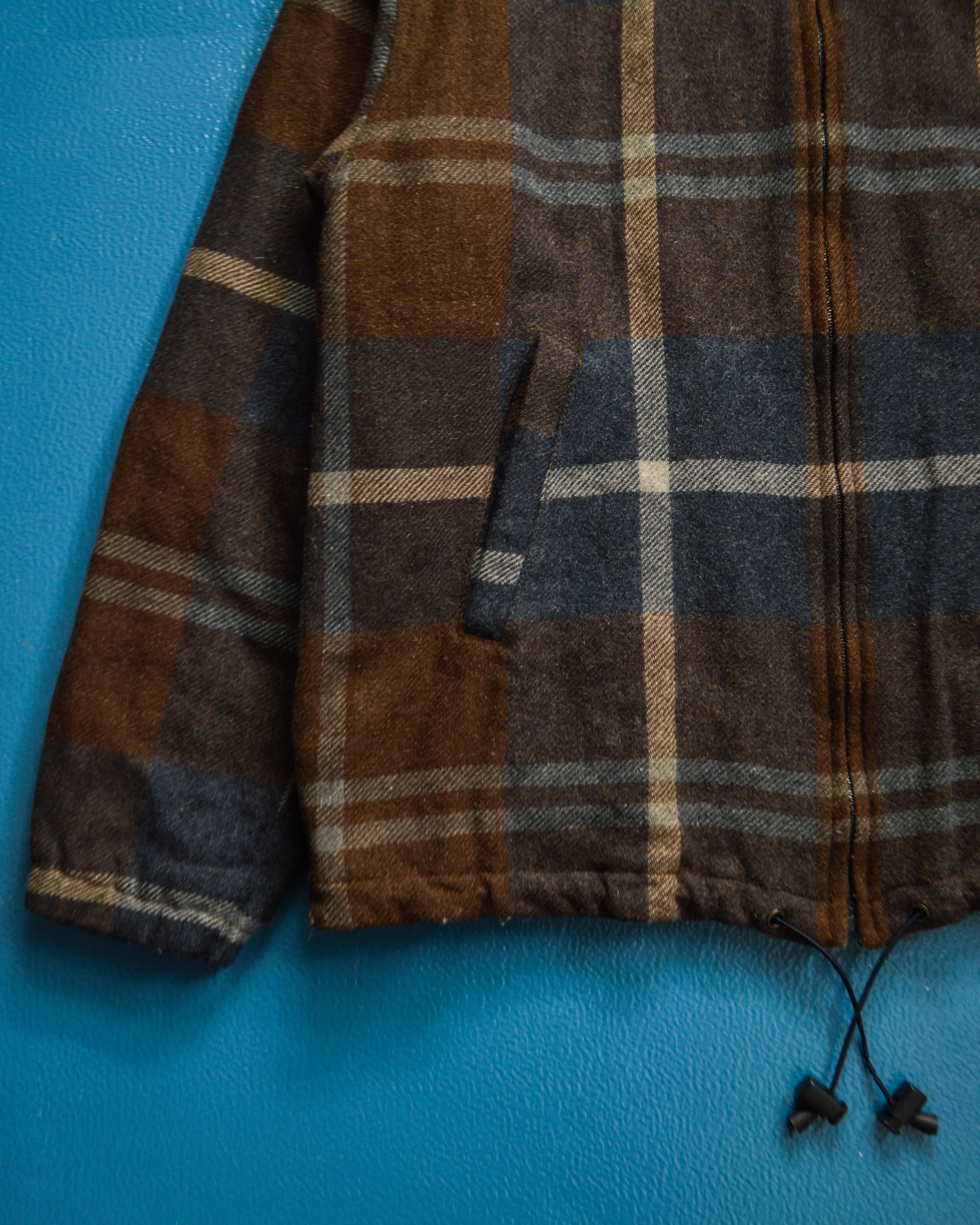 90s Wool/ Mohair Plaid Quilted Muted Burgundy / Navy Zip Up Jacket (M~L)