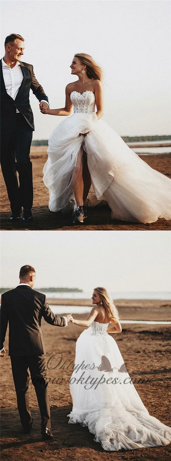 A-Line Sweetheart Court Train Tulle Long Wedding Dresses with Appliques, TYP1545