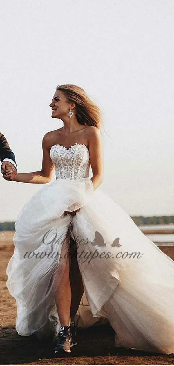 A-Line Sweetheart Court Train Tulle Long Wedding Dresses with Appliques, TYP1545