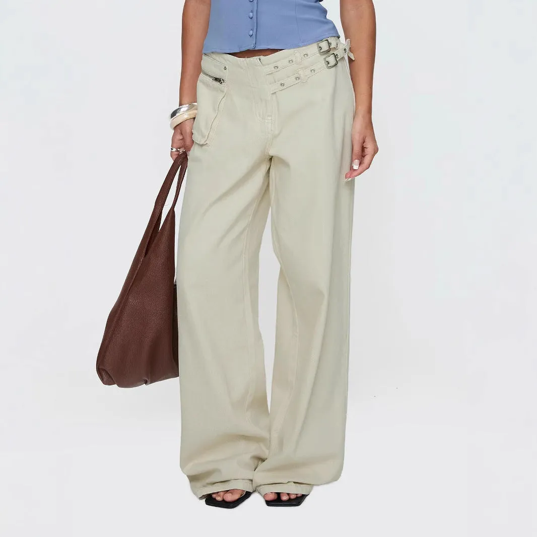 Adjustable Buckle Waist Side Pocket Loose Jeans