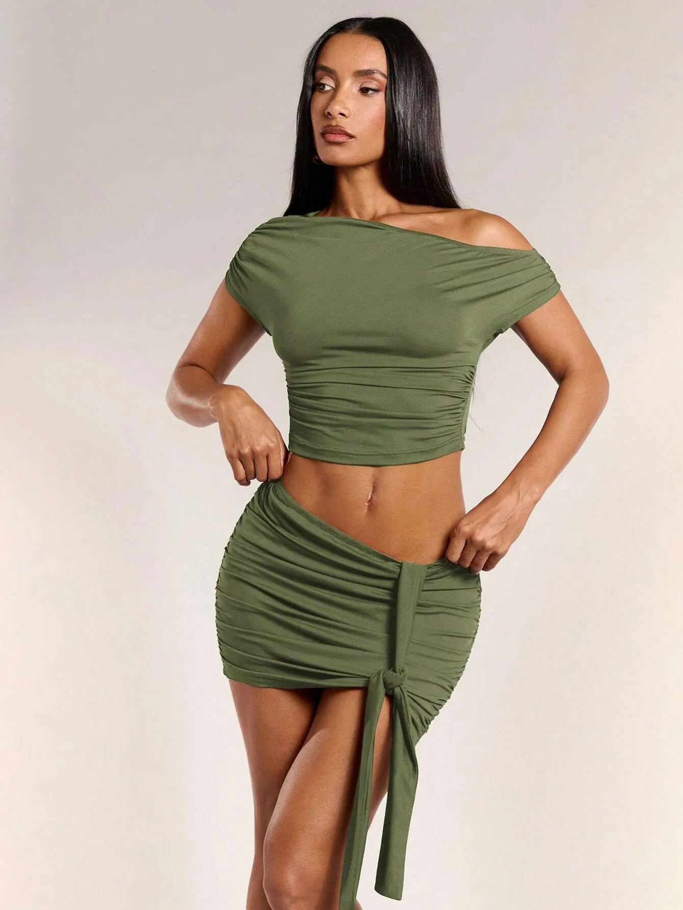 BAE Women 2-Piece Set: Asymmetrical Short Sleeve T-Shirt & Low Waist Pleated Drawstring Skirt