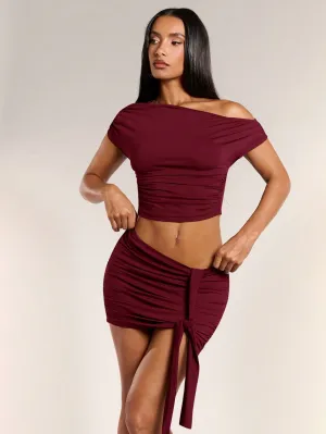 BAE Women 2-Piece Set: Asymmetrical Short Sleeve T-Shirt & Low Waist Pleated Drawstring Skirt