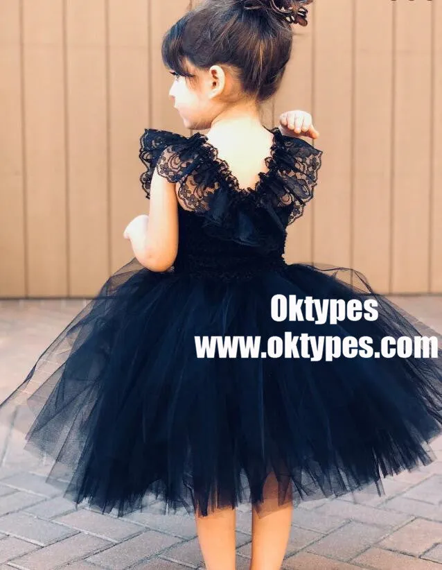 Ball Gown Navy Blue Tulle Flower Girl Dress with Ruffles, TYP0946