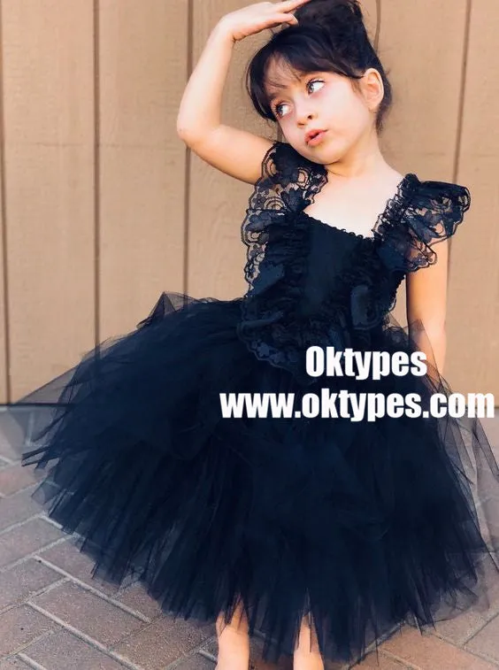 Ball Gown Navy Blue Tulle Flower Girl Dress with Ruffles, TYP0946
