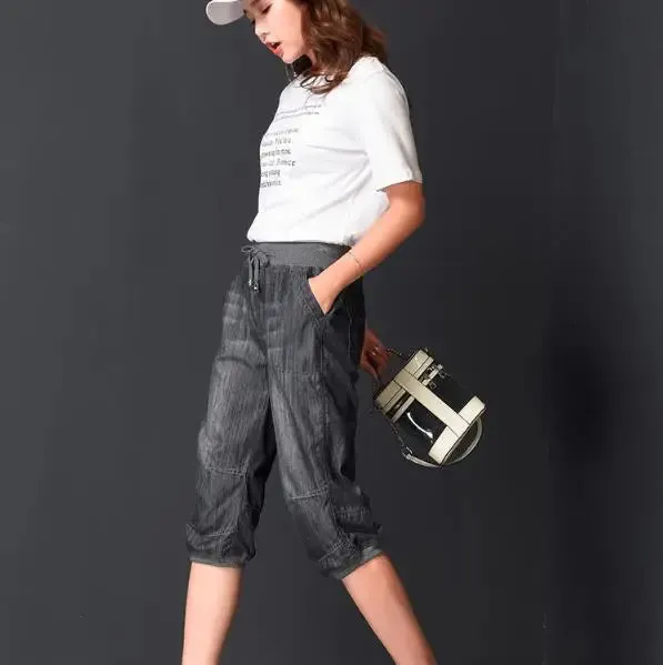Black Denim Jeans Women's Summer Harem Pants Light Washed Loose Cotton Casual Calf-Length Blue Trousers Female Clothing 3XL 4XL