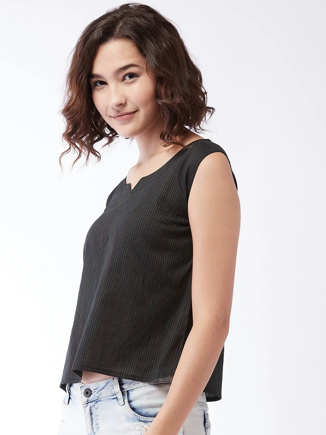 Black Kantha Sleeveless Top For Teens