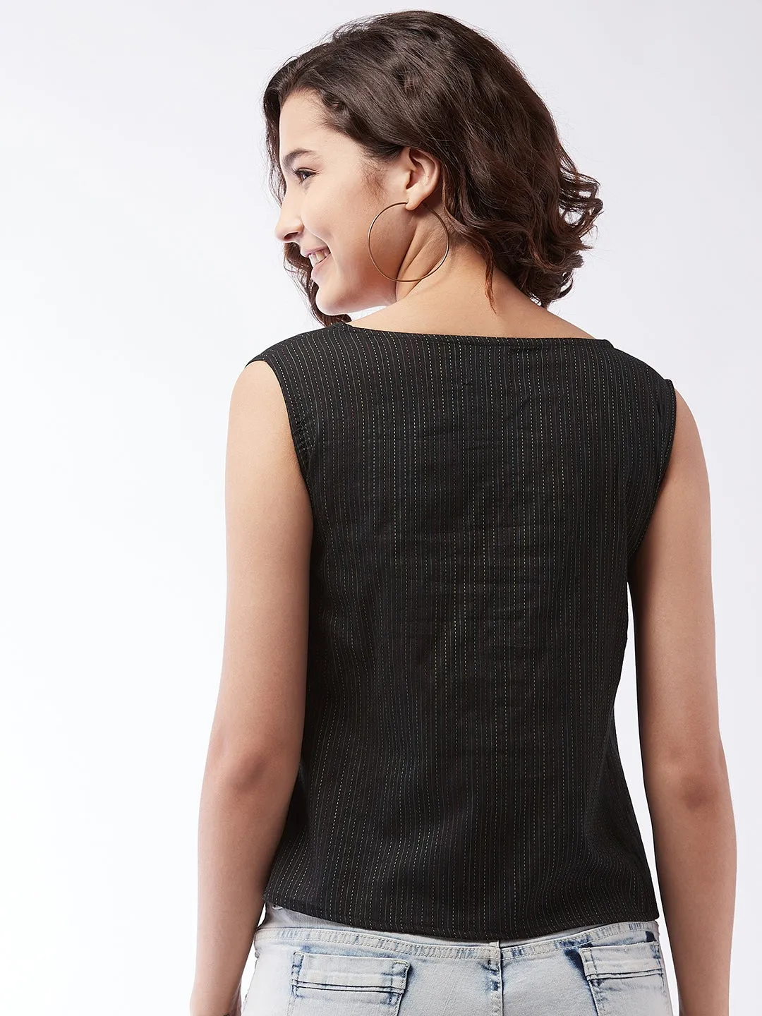 Black Kantha Sleeveless Top For Teens