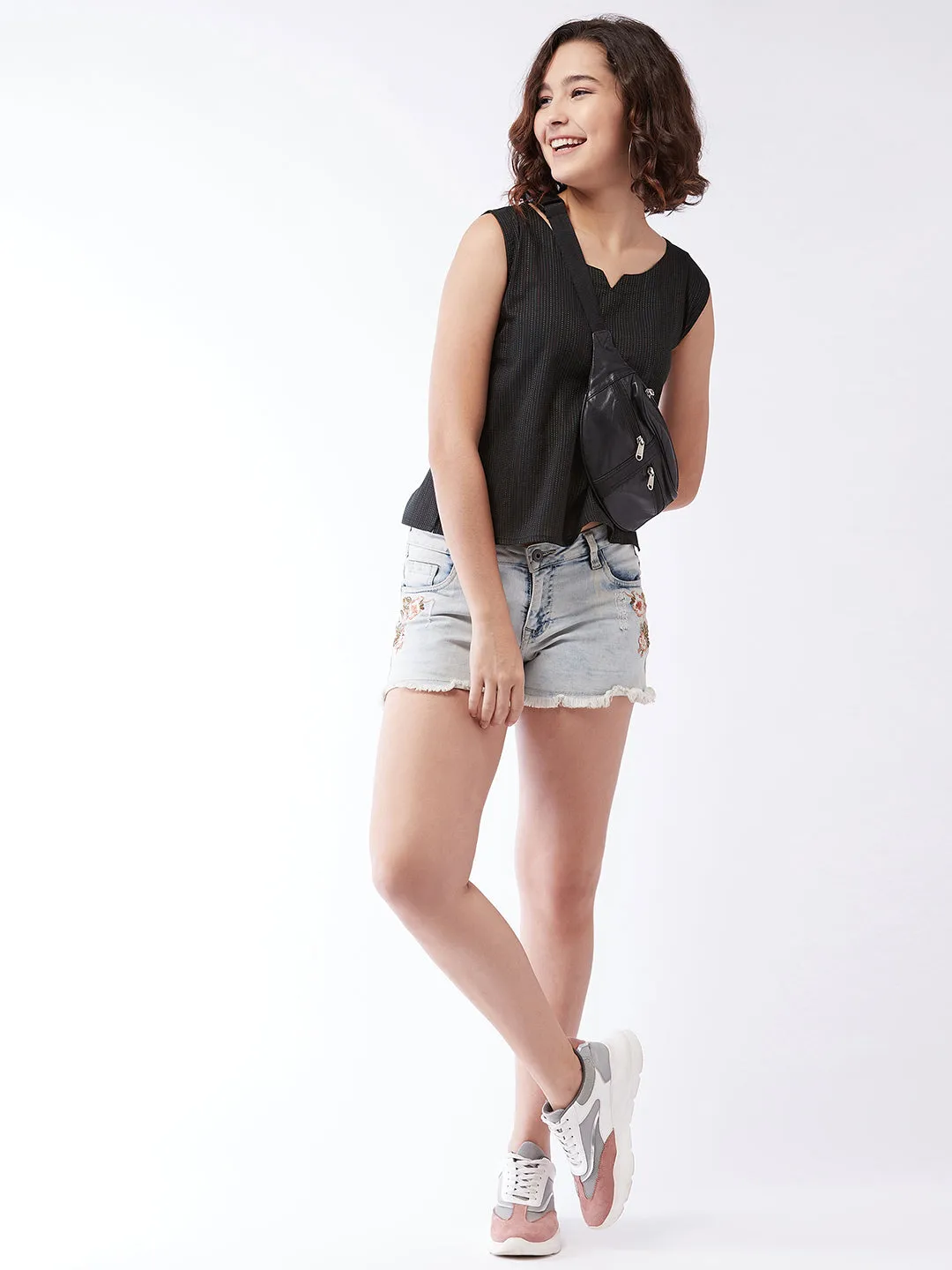 Black Kantha Sleeveless Top For Teens