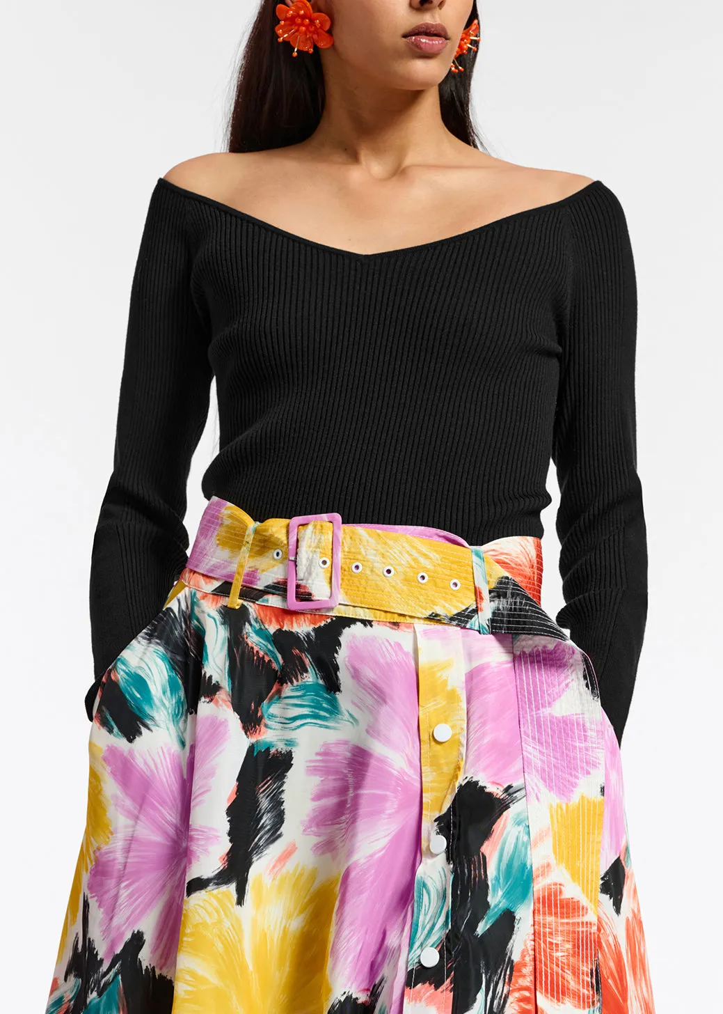 Black slim-fit off-the-shoulder knit sweater