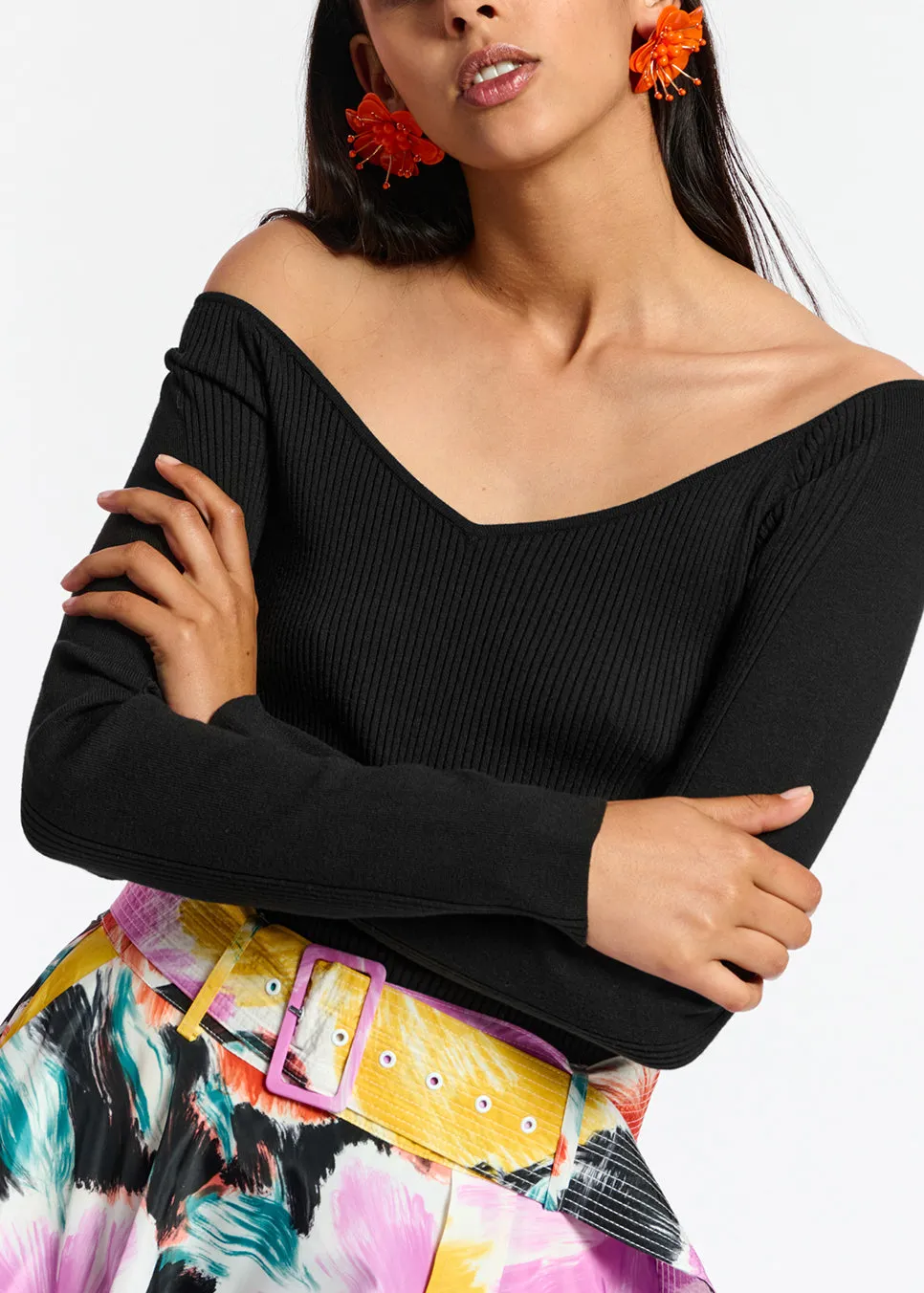 Black slim-fit off-the-shoulder knit sweater