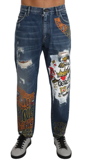 Blue Cotton LOOSE Royal Print Jeans Pants