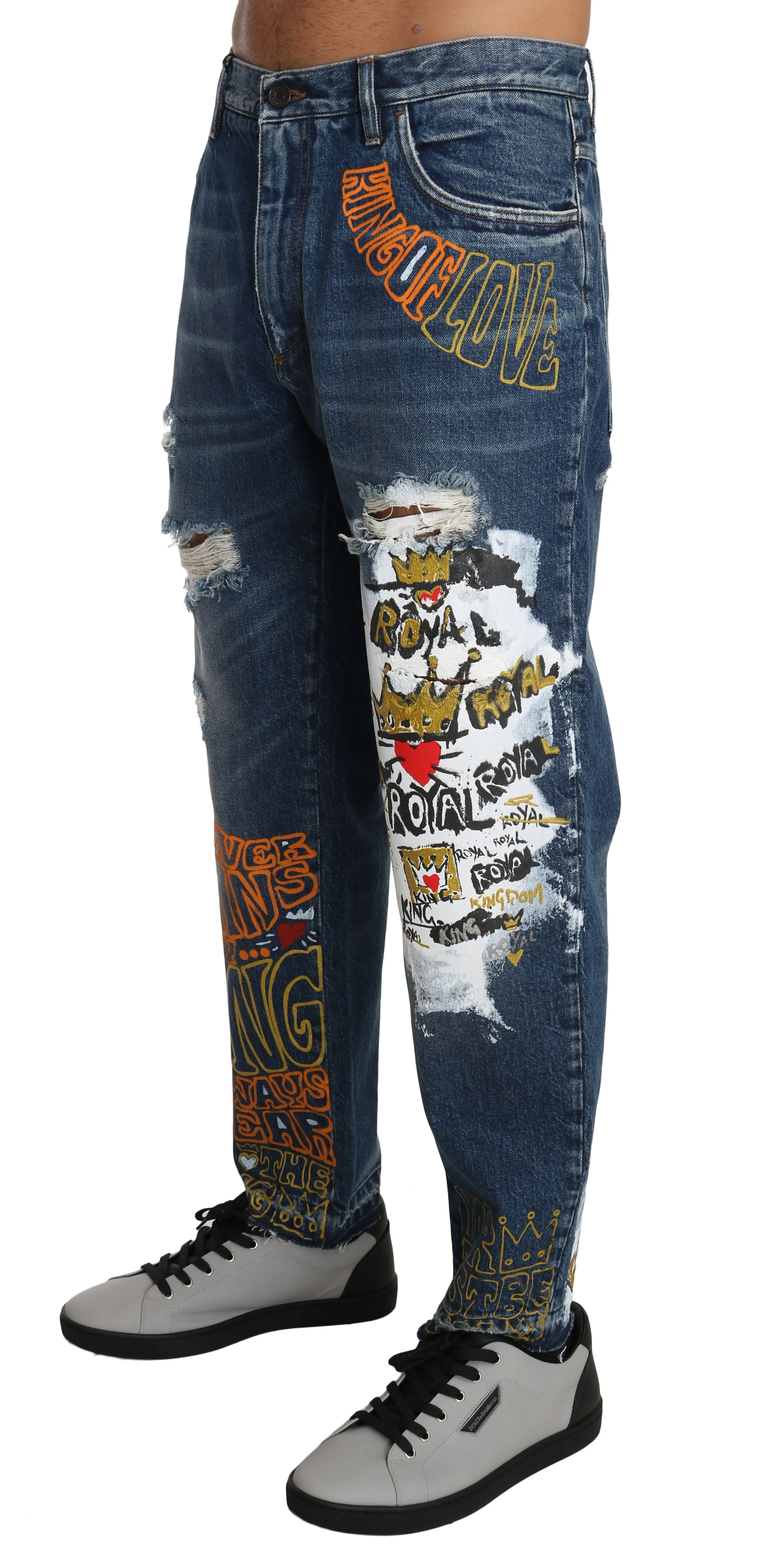 Blue Cotton LOOSE Royal Print Jeans Pants