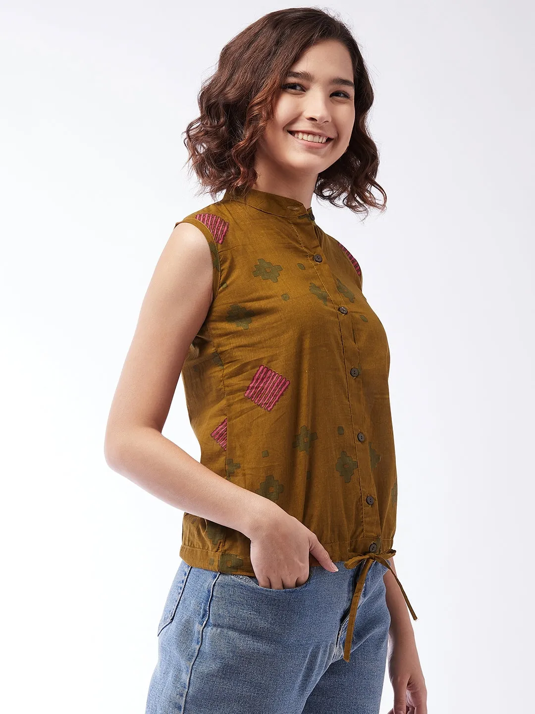 Brown Printed Top Sleeveless For Teens