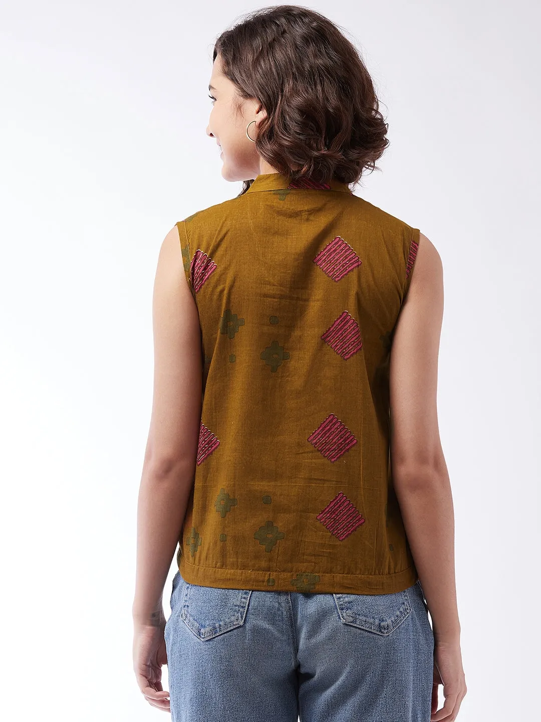 Brown Printed Top Sleeveless For Teens