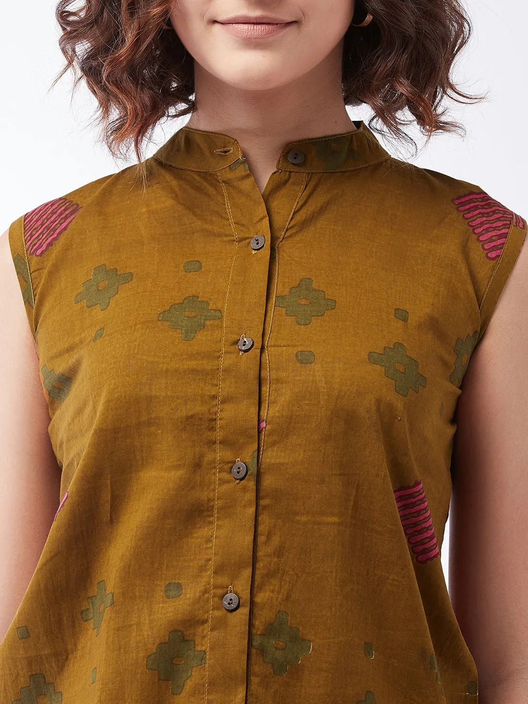 Brown Printed Top Sleeveless For Teens