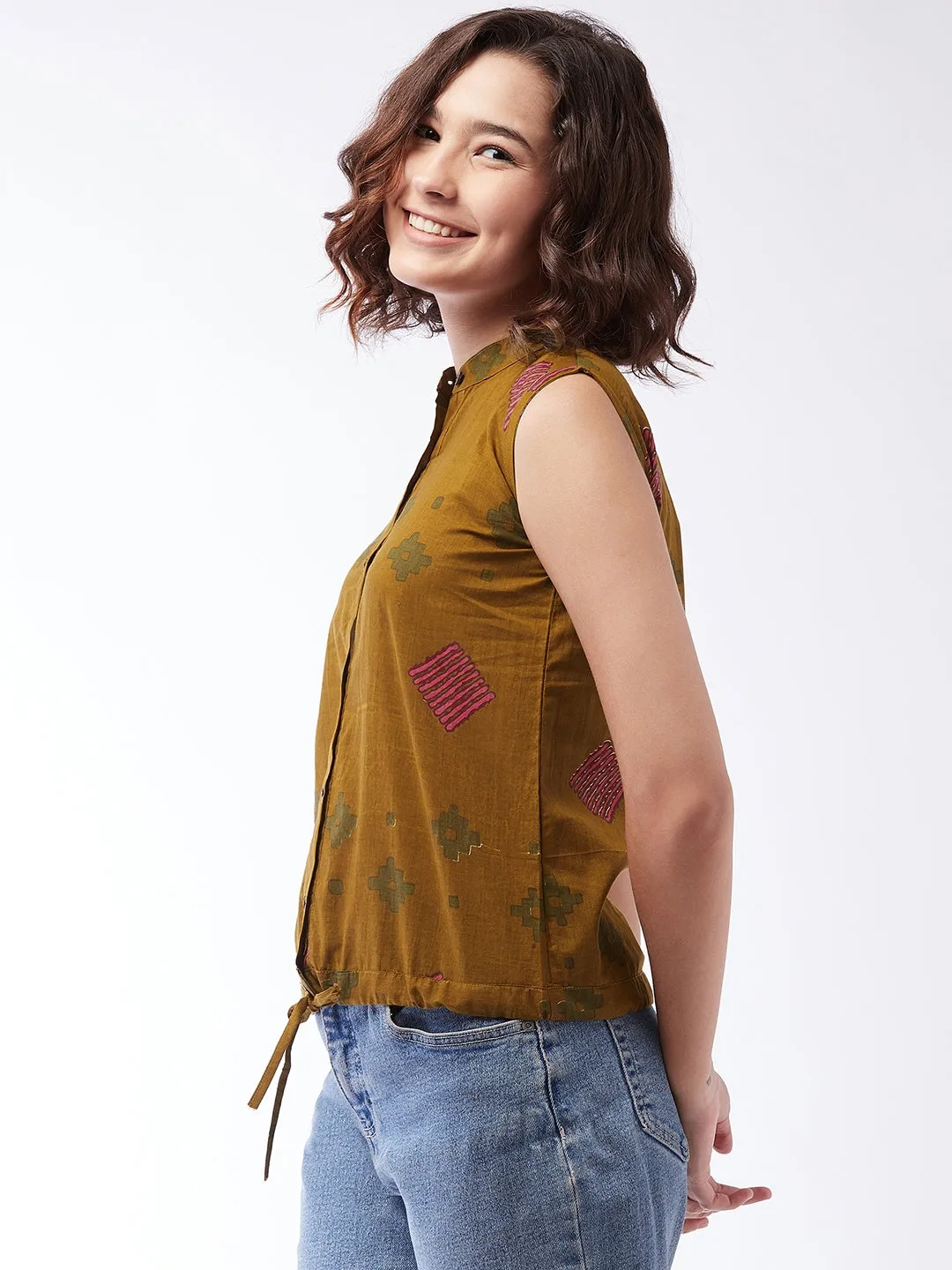 Brown Printed Top Sleeveless For Teens
