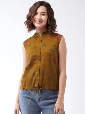 Brown Printed Top Sleeveless For Teens
