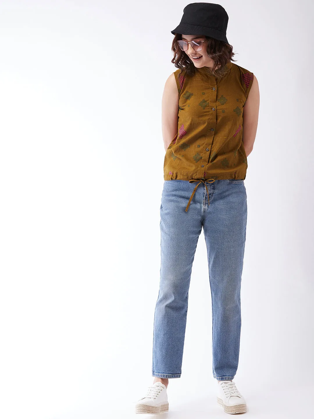 Brown Printed Top Sleeveless For Teens