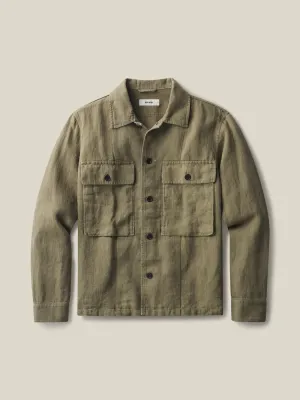 BUCK MASON LOOMED LINEN FATIGUE SHIRT IN OLIVE HERRINGBONE