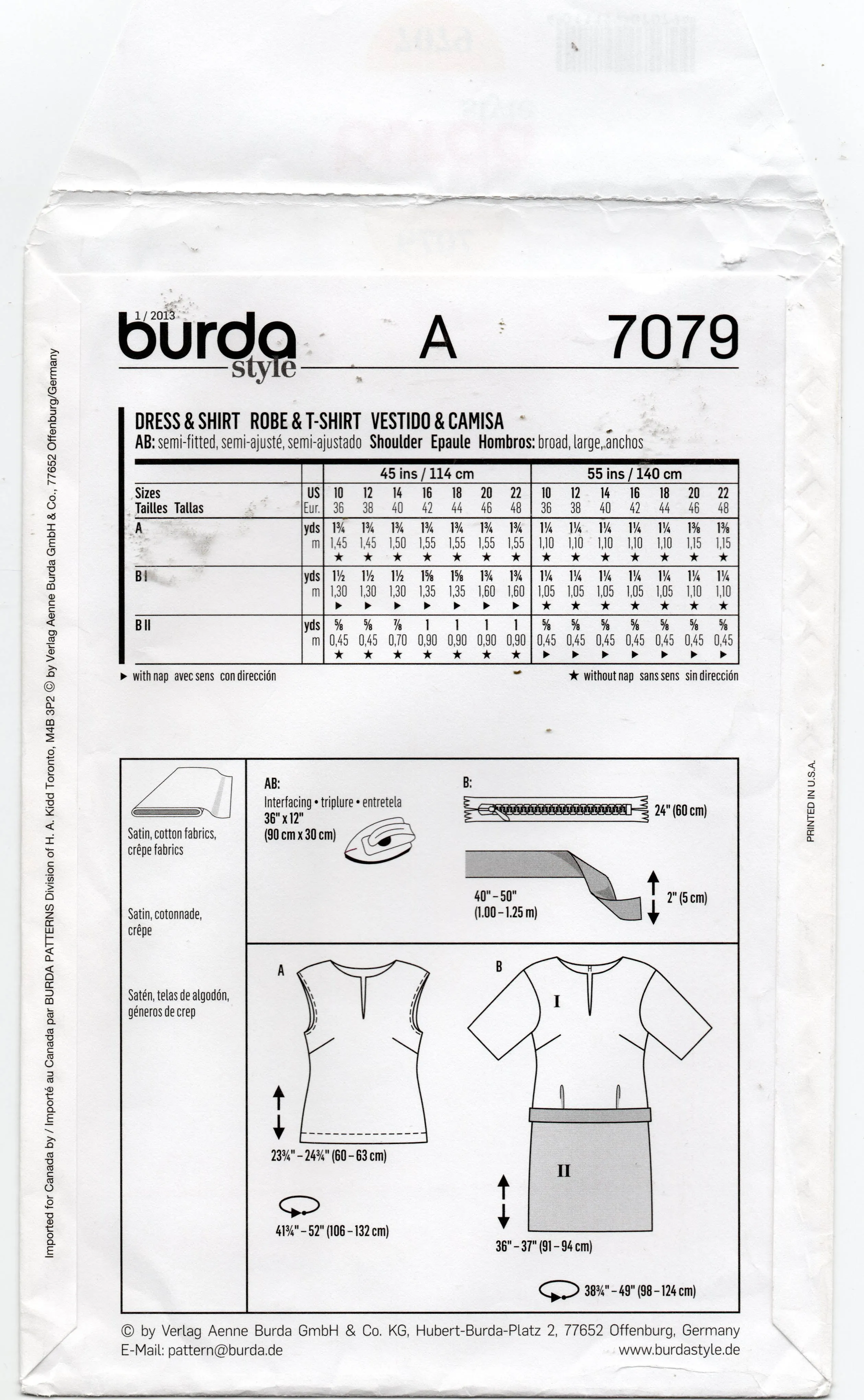 Burda Style 7079 Womens Summer Dress & Shirt Out Of Print Sewing Pattern Sizes 10 - 22 UNCUT Factory Folded