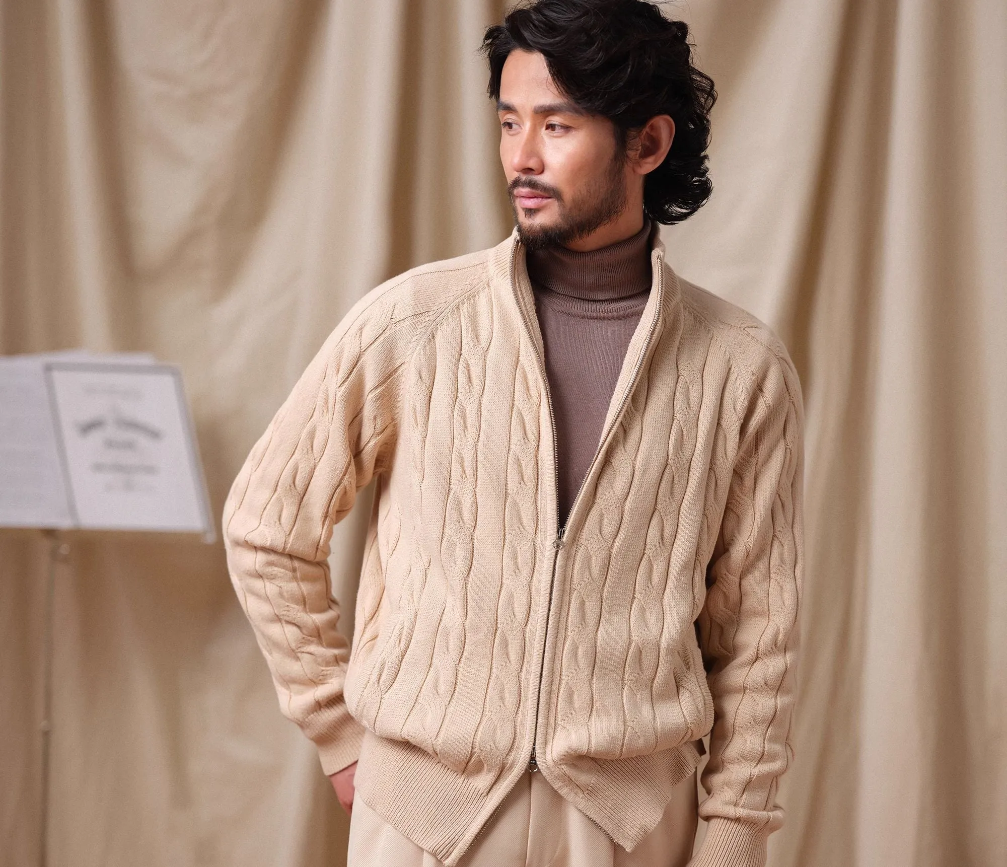 Cable-Knit Zip-Up Cardigan