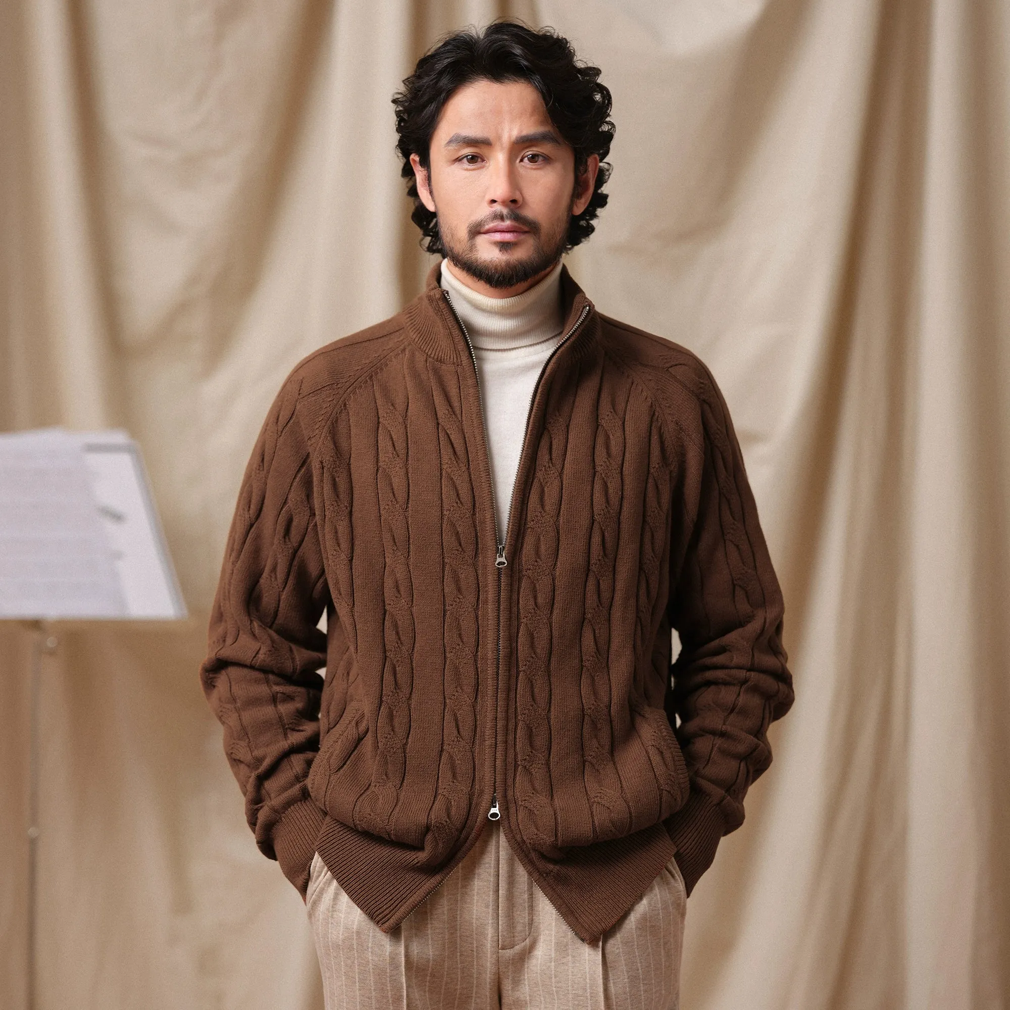 Cable-Knit Zip-Up Cardigan