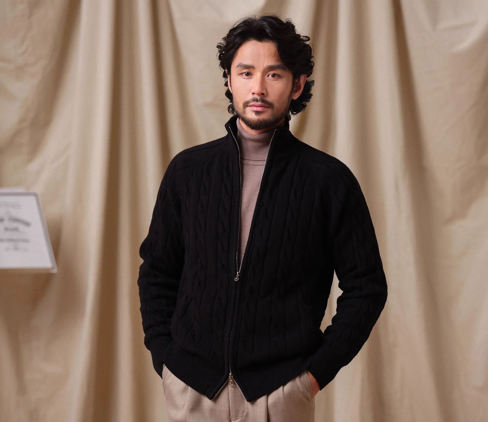 Cable-Knit Zip-Up Cardigan