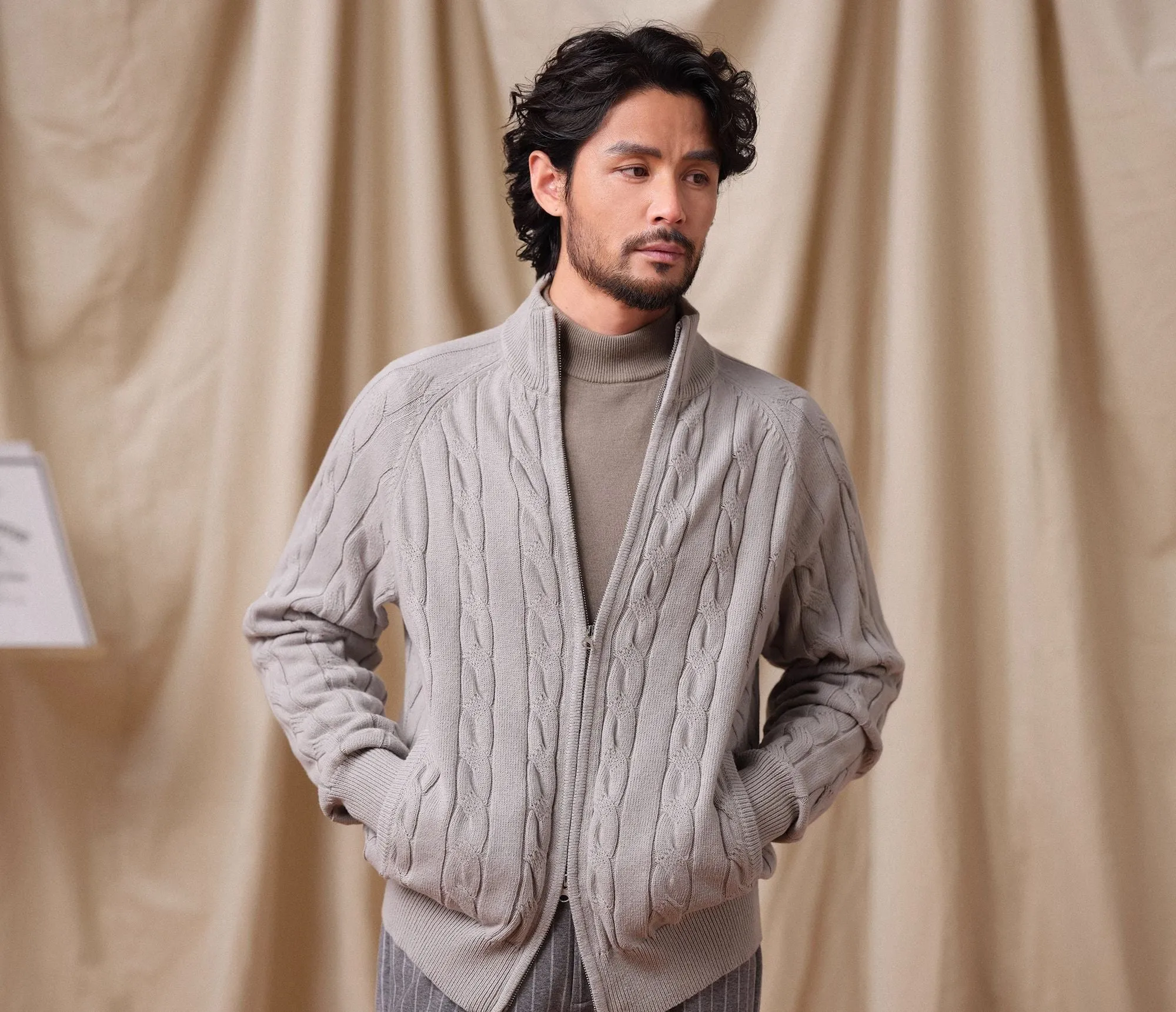 Cable-Knit Zip-Up Cardigan