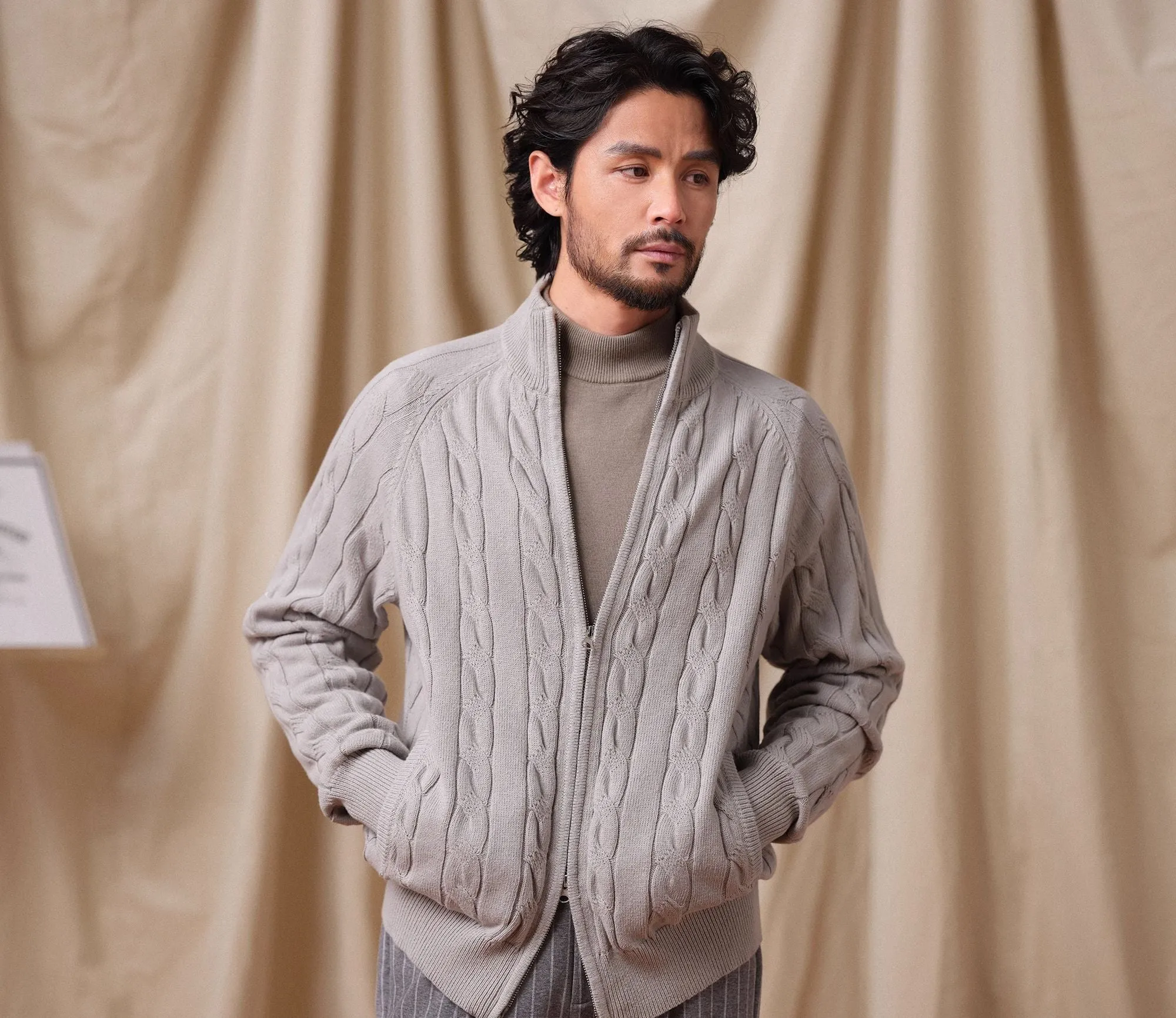 Cable-Knit Zip-Up Cardigan