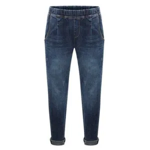 Casual Elastic Waist Zipper Design Bleach Wash Jeans For Women - Deep Blue 3xl