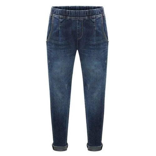 Casual Elastic Waist Zipper Design Bleach Wash Jeans For Women - Deep Blue 3xl