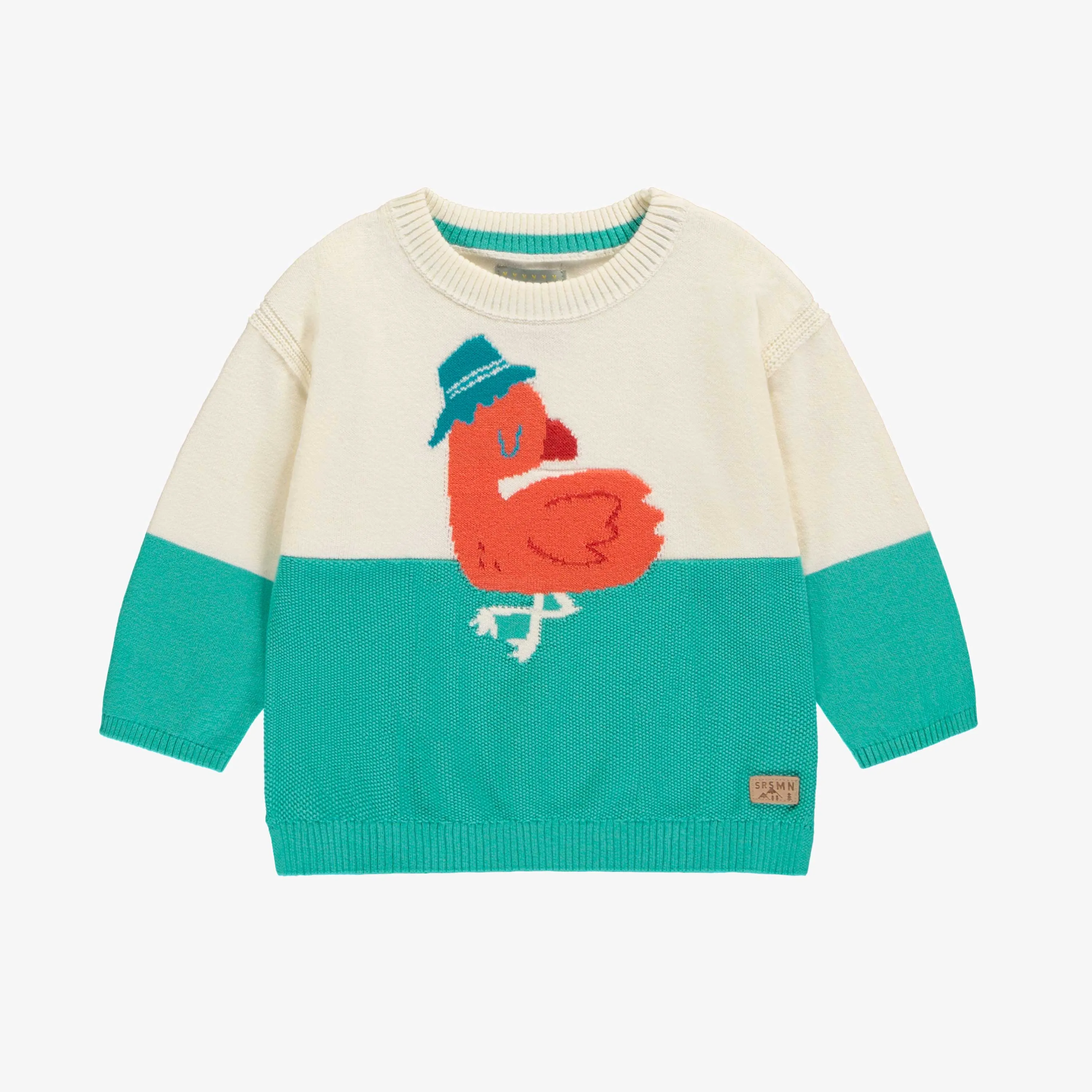 Chandail crème et turquoise avec flamant, bébé || Cream and turquoise sweater with flamingo design, baby