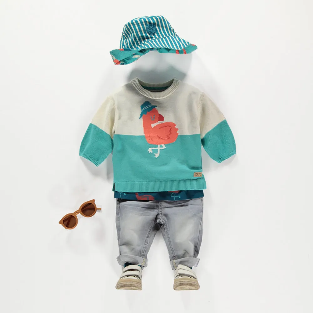Chandail crème et turquoise avec flamant, bébé || Cream and turquoise sweater with flamingo design, baby