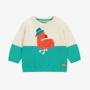 Chandail crème et turquoise avec flamant, bébé || Cream and turquoise sweater with flamingo design, baby