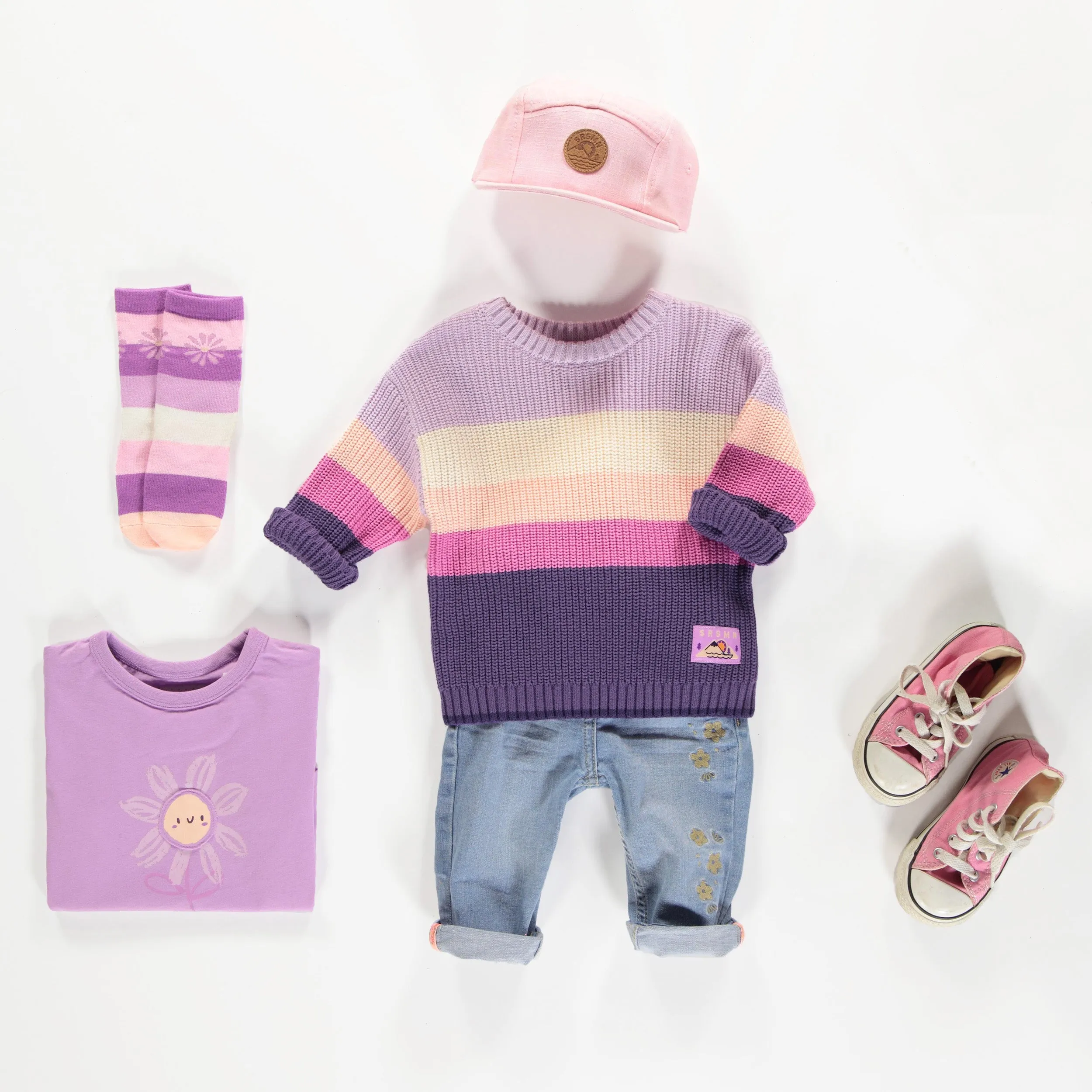 Chandail de maille côtelée manches longues violet, crème et pêche, bébé || Purple, cream and peach long sleeves rib knit sweater, baby