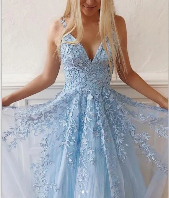 Charming A-line Modest V-neck Lace Appliques  Pretty Hot Spring Long Pom Dresses, Party Dress,, PD1282