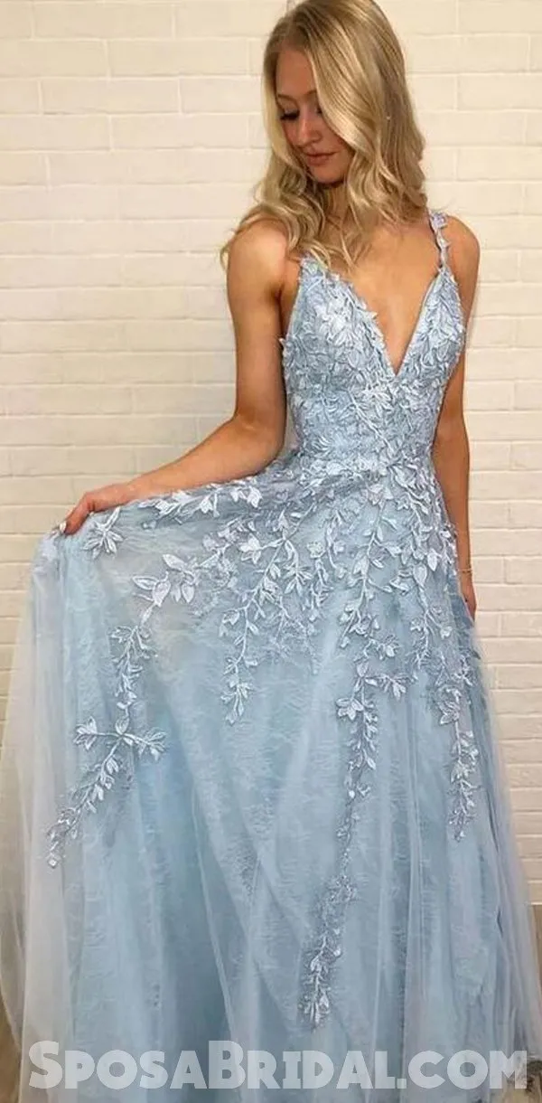 Charming A-line Modest V-neck Lace Appliques  Pretty Hot Spring Long Pom Dresses, Party Dress,, PD1282
