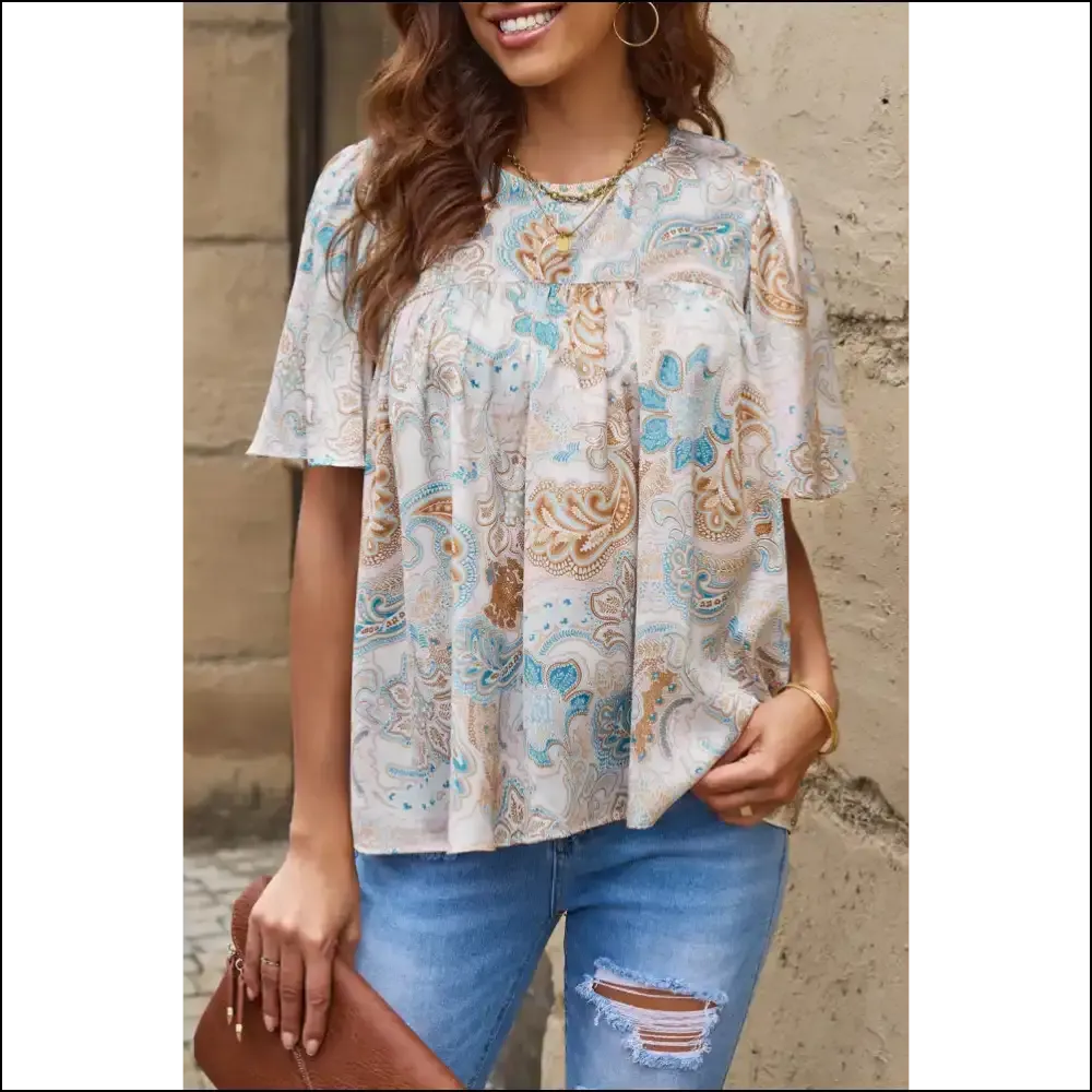 Chic Printed Round Neck Short Sleeve Blouse