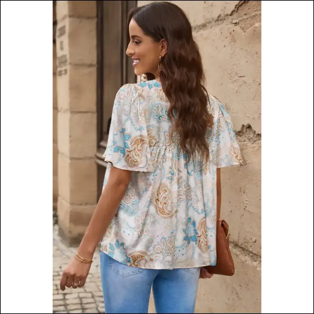 Chic Printed Round Neck Short Sleeve Blouse