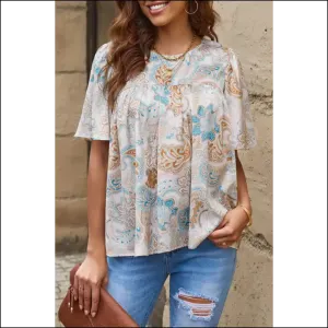 Chic Printed Round Neck Short Sleeve Blouse