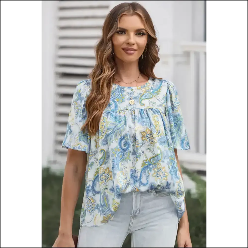 Chic Printed Round Neck Short Sleeve Blouse