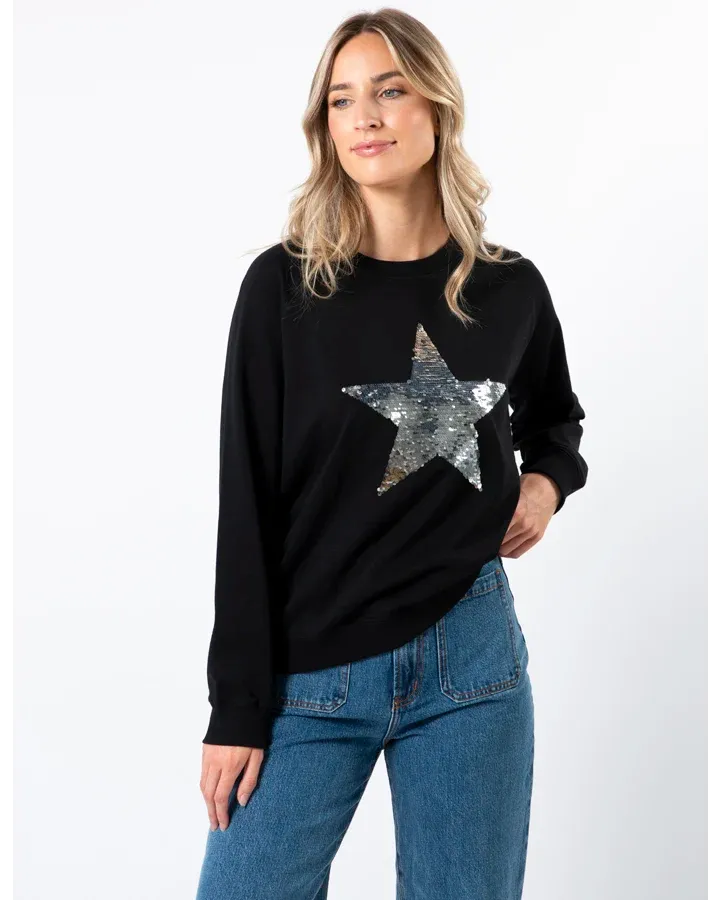 Classic Sweater with Star Silver Sequins - Black