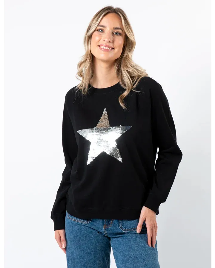 Classic Sweater with Star Silver Sequins - Black