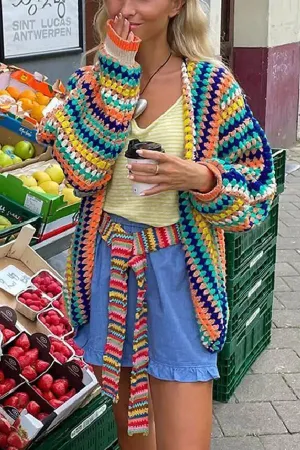 Contrast Print Cardigan Women Sweater Casual Striped Loose Long Sleeve Knitted